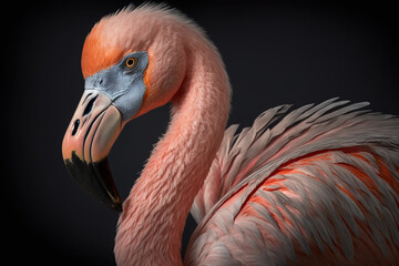 Fototapeta premium Generative AI. Closeup portrait of a Caribbean Flamingo, also known as American flamingo or Phoenicopterus ruber
