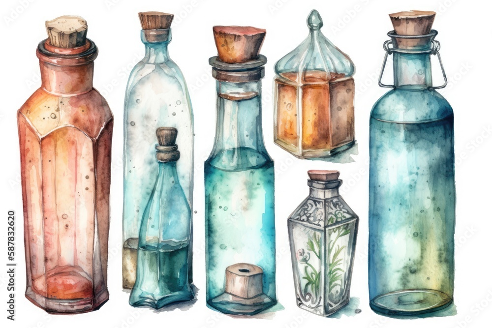 Poster colorful array of glass bottles arranged in a row. generative ai