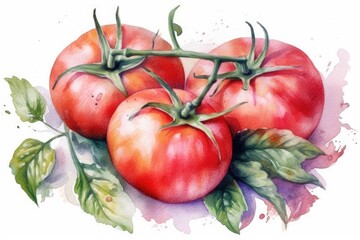 Illustration of three ripe tomatoes still attached to their vine. Generative AI