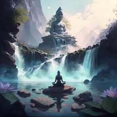 Meditation Women At Waterfall. Generative AI