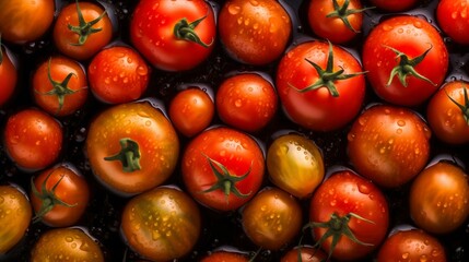 Tomato seamless background with water drops, top view, flat lay. Generative AI