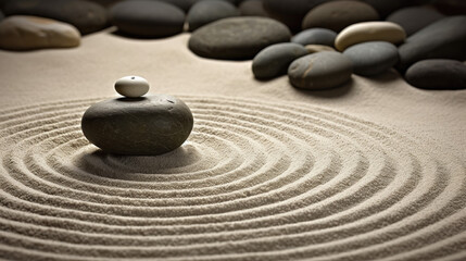 Fototapeta na wymiar zen stones stack in sand garden - by generative ai 