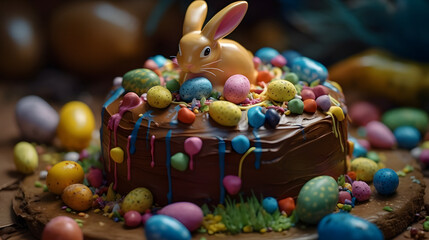 Fototapeta premium Easter birthday cake with eggs and chocolate and an cute bunny on top - generative ai