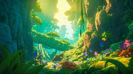 Fantasy tropical jungle landscape. Generative AI