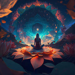 Women Meditation Chakra Universe. Generative AI