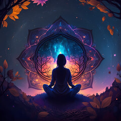 Fototapeta na wymiar Women Meditation Chakra Universe. Generative AI