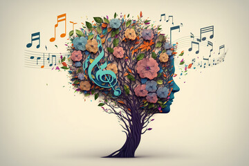 Human brain tree with flowers and music notes, created with Generative AI technology