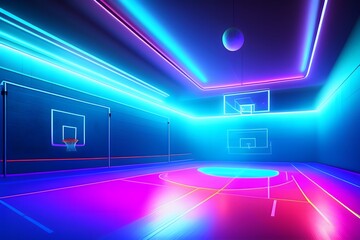 Graphic representation of Neon Nights Basketball Court. Generative AI. 