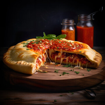 Calzone - Eine Art gefaltete Pizza, die mit Tomatensauce, Mozzarella-Käse und verschiedenen Füllungen (z. B. Schinken, Pilze, Salami, Gemüse) gefüllt wird.