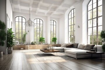 spacious and bright living room with ample natural light and cozy furniture. Generative AI
