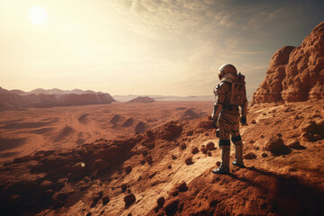 Astronauts explore on alien planet.