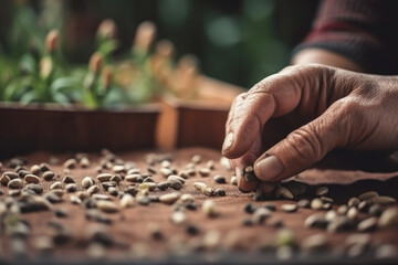 One hand is picking seeds. - obrazy, fototapety, plakaty