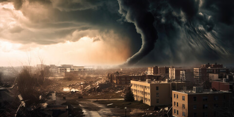 Hurricane and tornado destroy the city, disaster and chaos. generative AI