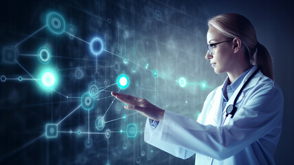 Growth potential for health tech amid demand for health services with more. Medicine doctor with stethoscope touching icon medical networking on modern interface, Medical technology. created with ai