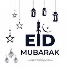 Eid mubarak template with mosque and sun.