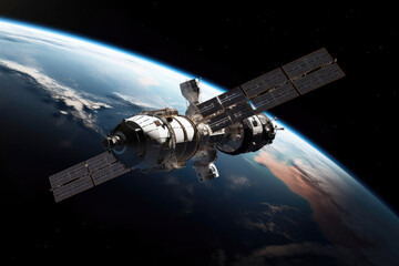 Obraz na płótnie Canvas The International Space Station against the background of the blue Earth.