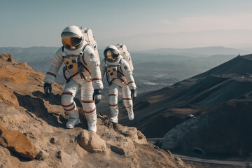 Astronauts explore on alien planet.