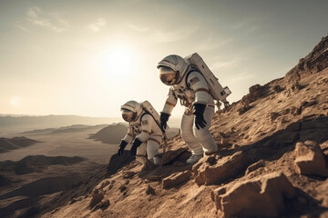 Astronauts explore on alien planet.
