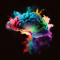 Human brain exploding in multiple colors, with bursts of paint and powder on black background. Abstract concept for creativity, ideas, imagination, creative thinking, art, knowledge. Generative AI