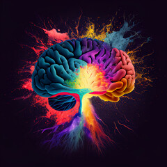 Human brain exploding in multiple colors, with bursts of paint and powder on black background. Abstract concept for creativity, ideas, imagination, creative thinking, art, knowledge. Generative AI