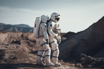 Astronauts explore on alien planet.