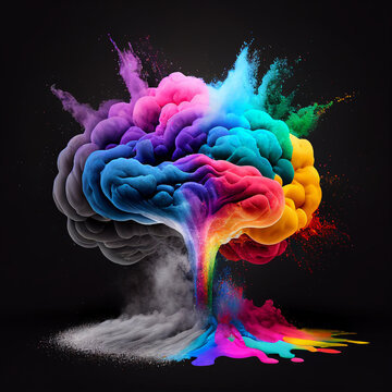 Human brain exploding in multiple colors, with bursts of paint and powder on black background. Abstract concept for creativity, ideas, imagination, creative thinking, art, knowledge. Generative AI