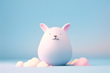 Cute blue and white easter egg with a pink bunny face, minimalist background with clouds, blue and pink background, 3D render