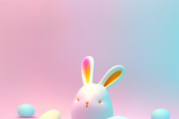 Cute minimalist bunny with pastel blue pink and yellow easter eggs, Pink and blue abstract holographic background, 3D bunny white and orange