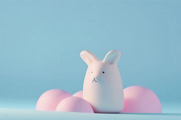 cute bunny figurine on the blue background with pink eggs