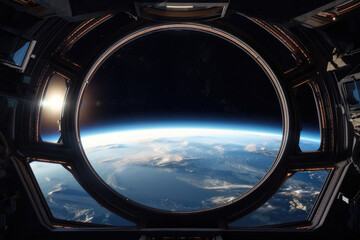 Looking out at space and planets from the window of the space station.