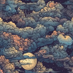 seamless pattern with moon and clouds, generative ai, generative, ai