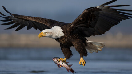 A bald eagle catching fish