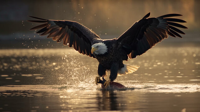 A bald eagle catching fish