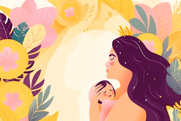 Hispanic woman with a child, mother’s day watercolor painting banner with flowers, generative AI