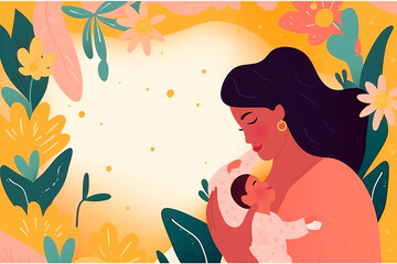 Hispanic mother with child surrounded by flowers, latin watercolor mother’s day banner, AI generated