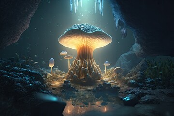 Fototapeta na wymiar bioluminescent mushroom in a cave, magical mushroom, generative ai, generative, ai