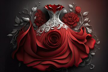 illustrative concept of a red and white rose shaped dress with floral roses and leaves around it, generative ai, generative, ai