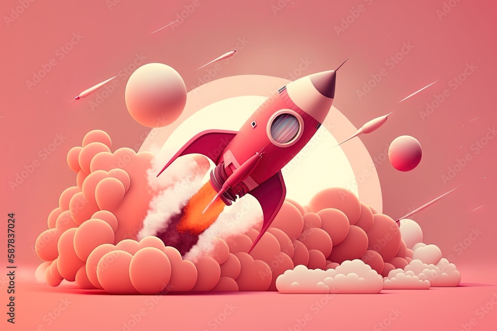 Poster illustration of a rocket in flight on a pink backdrop generative ai