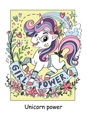 Cute unicorn with flowers color vector illustration