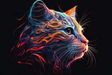 colorful abstract face portrait of a feline cat on a dark background, generative ai, generative, ai