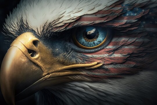 close up of american bald eagle with partial american flag face paint with a dark background, patriotic american bald eagle, generative ai, generative, ai