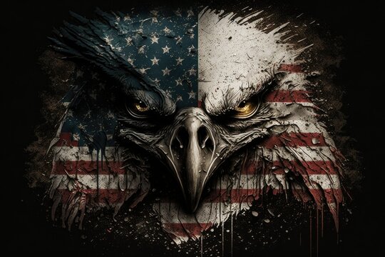 fierce face of a bald eagle painted with american flag on a dark background, american flag colors of red, white and blue, patriotic american eagle,  generative ai, generative, ai