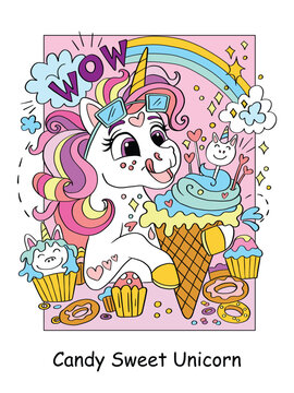 Cute unicorn with ice cream color vector illustration