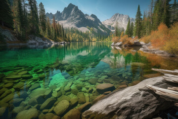 Fototapeta na wymiar A natural wonderland with rugged rocky mountains of towering peaks the shimmering alpine lakes reflect the verdant forests as the white haze layers spread across the landscape。
