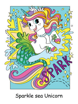 Cute happy sea unicorn mermaid color vector illustration
