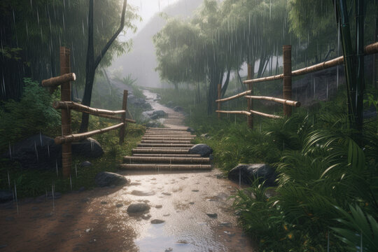 A path through the bamboo forest during the rainy season.