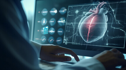 Cardiologist doctor examine patient heart functions on virtual interface. Medical technology and healthcare treatment to diagnose heart disorder and disease of cardiovascular system, created with ai - obrazy, fototapety, plakaty