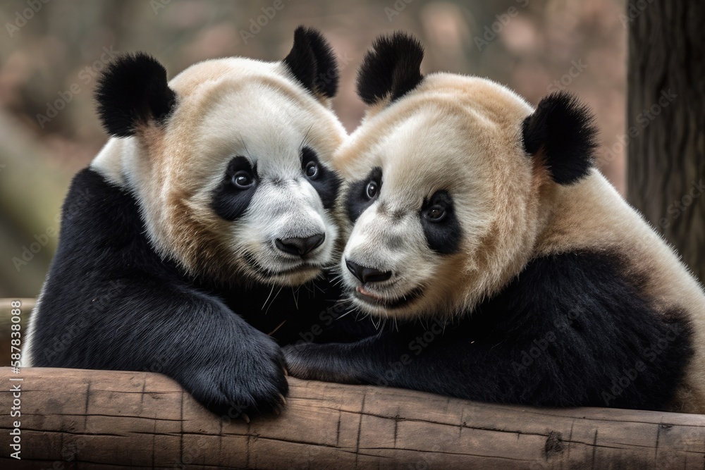 Poster illustration of two pandas lounging together. generative ai