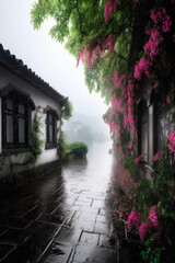 Fototapeta na wymiar The scenery in the south of the Yangtze River in China, drizzle, white walls and black tiles, pink flowers.