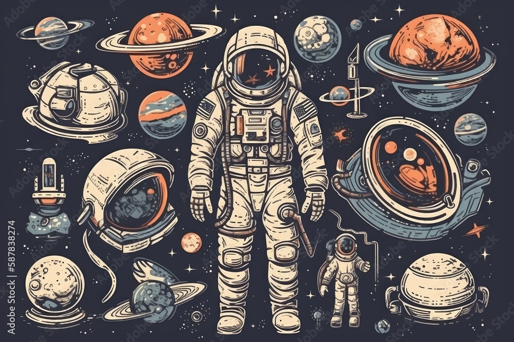 Poster illustration of an astronaut exploring a colorful planetary system. generative ai